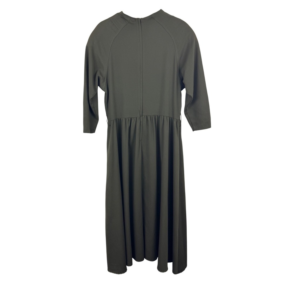 Vintage 80s Olive Green Midi Dress Prairie Cottagecore Dark Academia USA 13/14 - Picture 8 of 11
